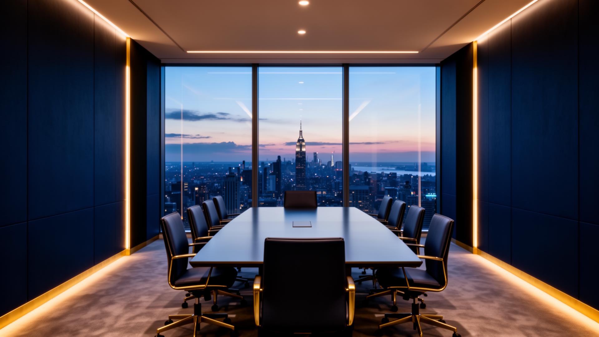 Premium corporate boardroom with city skyline view